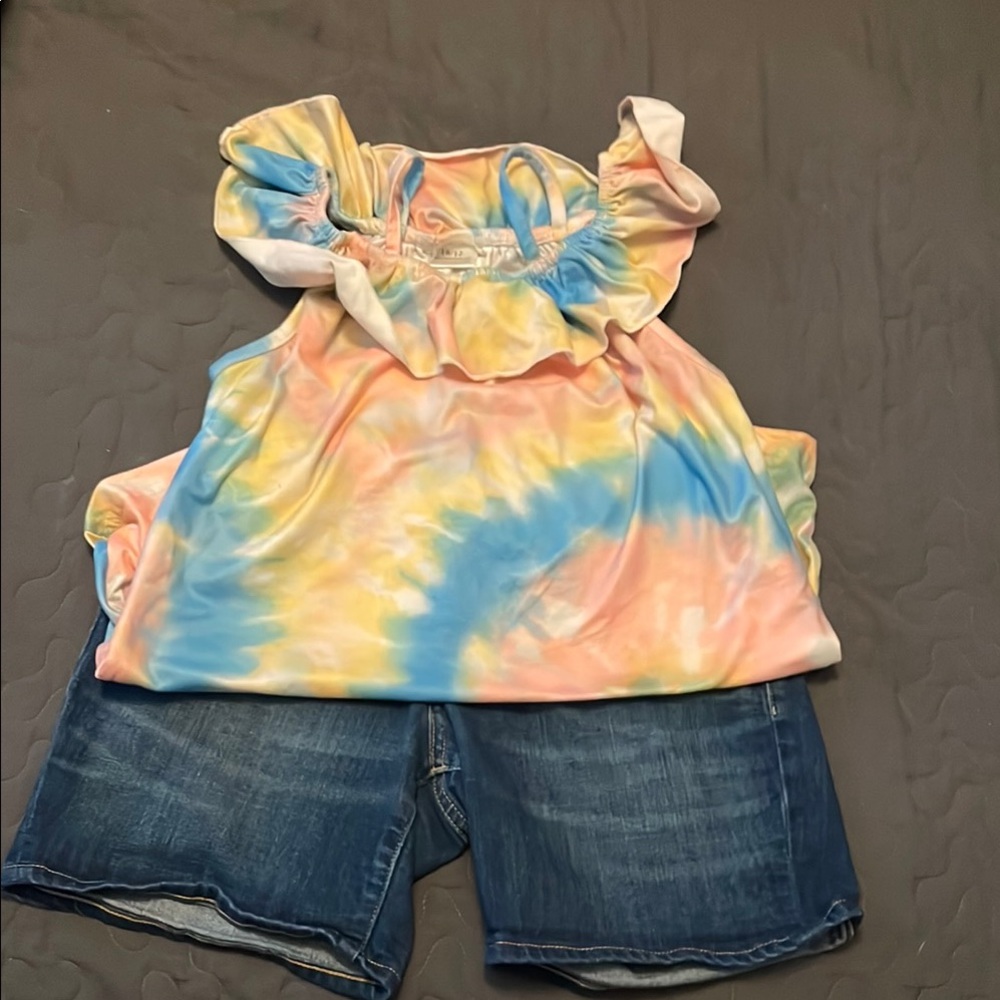 Girls 10/12 Colorful Tie-Dye Kids Top and Jean Shorts set